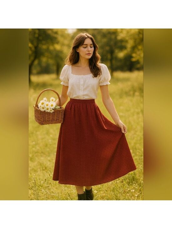 Bechamel Dresses & Skirts - Vintage 90s Bechamel Red Geometric Rayon Midi Skirt High Waist Button Detail Cot